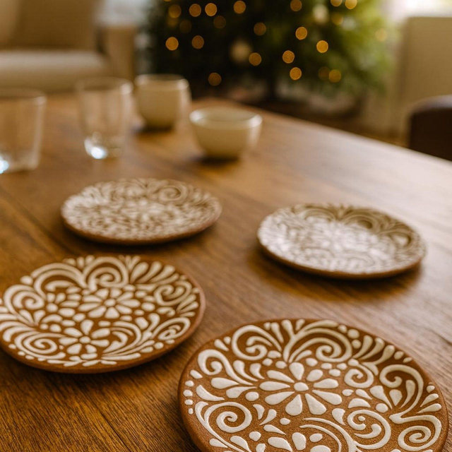 Talavera Plate Set of 4 - Brown & White - Lead Free