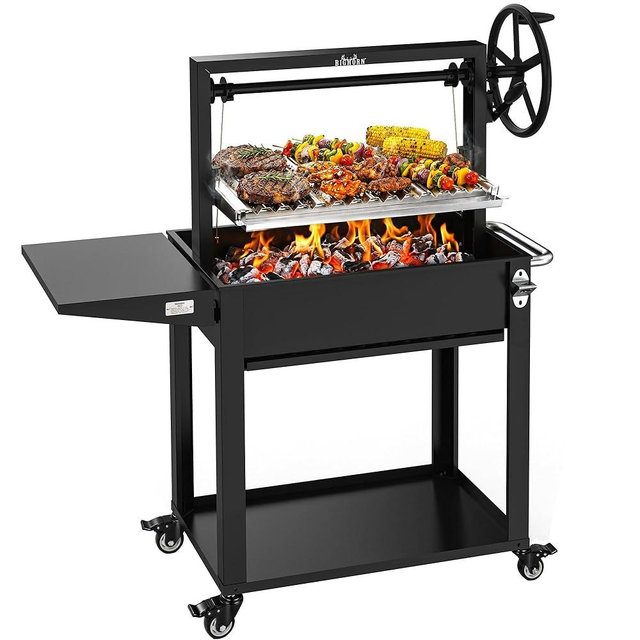 BIG HORN Santa Maria Grill, Argentine Parrilla Grill with Adjustable Height Grate, Wood Fire & Charcoal BBQ Grill, Large Outdoor Open Fire Grill with Storage for Patio & Backyard