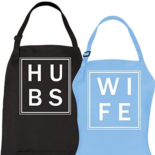 Let the Fun Begin Hubs and Wife Mr Mrs Aprons for Couples, His Hers Wedding Gifts, Bridal Shower (Blue and Black)