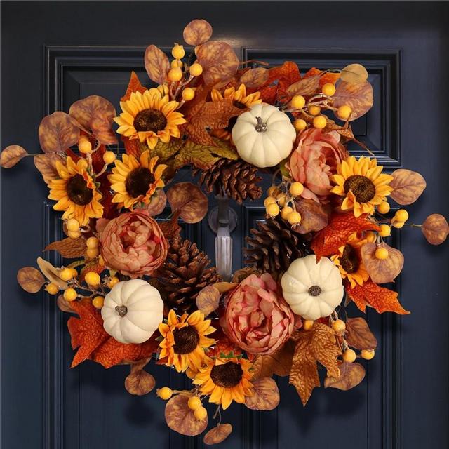 Pudate Artificial Fall Autumn Wreath 22 in with Sunflower,Peony,Pumpkin, Eucalyptus Leaf for Front Door Thanksgiving Wreaths Wall Window Harvest Festival Celebration