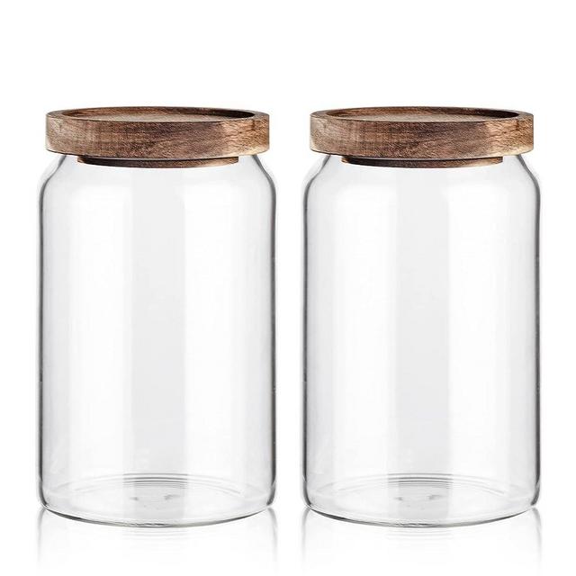 Labina Glass Storage Container Airtight Food Jars Kitchen Canister with Wood Lids, 32 Oz Wide Mouth Pantry Organization Glass Jar for Flour, Sugar, Cookie, Spagetti, Nuts and Candy (2 Pack)