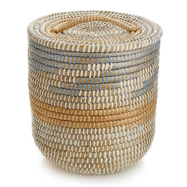 Tall Hand Woven Kaisa Grass Lidded Basket with Geometric Pattern from Bangladesh