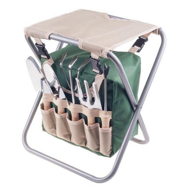 Pure Garden Folding Stool Garden with 5-Piece Tool Set in Beige/Green