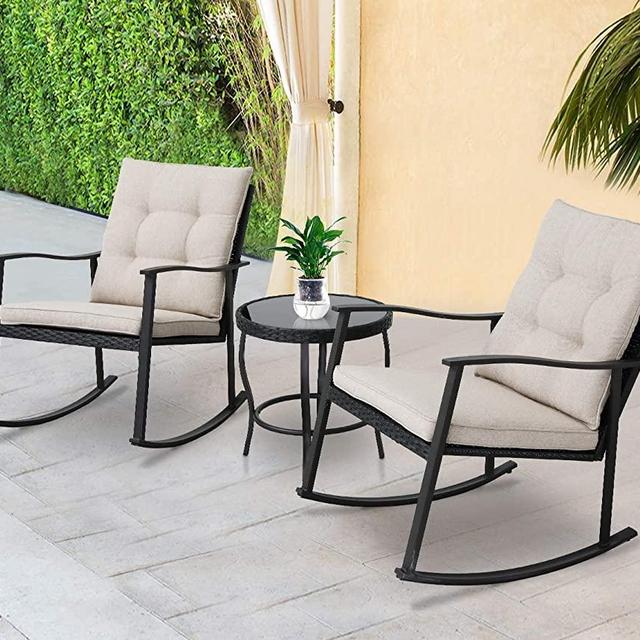 SOLAURA Outdoor Patio Furniture 3-Piece Rocking High-Back Chairs Bistro Set Black Wicker with Beige Cushions - Two Chairs with Glass Coffee Table