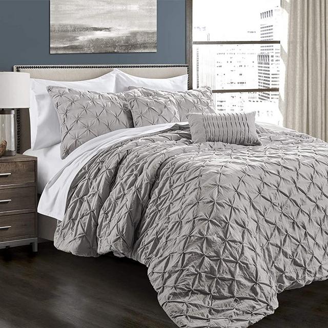 Lush Decor Light Gray Ravello Shabby Chic Style Pintuck 5 Piece Comforter Set with Pillow Shams King