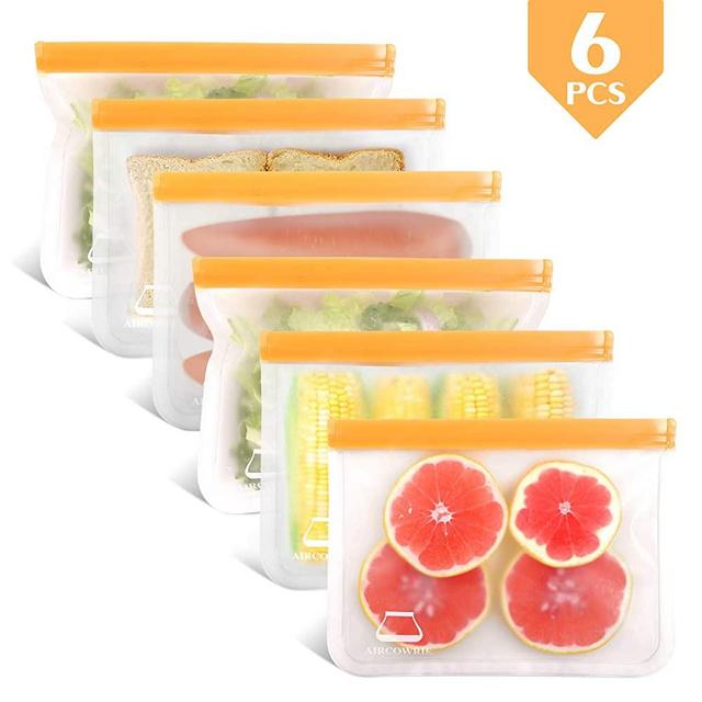 AIRCOWRIE Reusable Storage Bags - 6 Pack Reusable Sandwich Bags Leakproof PEVA Freezer Bags Thick Ziplock Lunch Bags for Food Snack Meat Fruit (Orange)