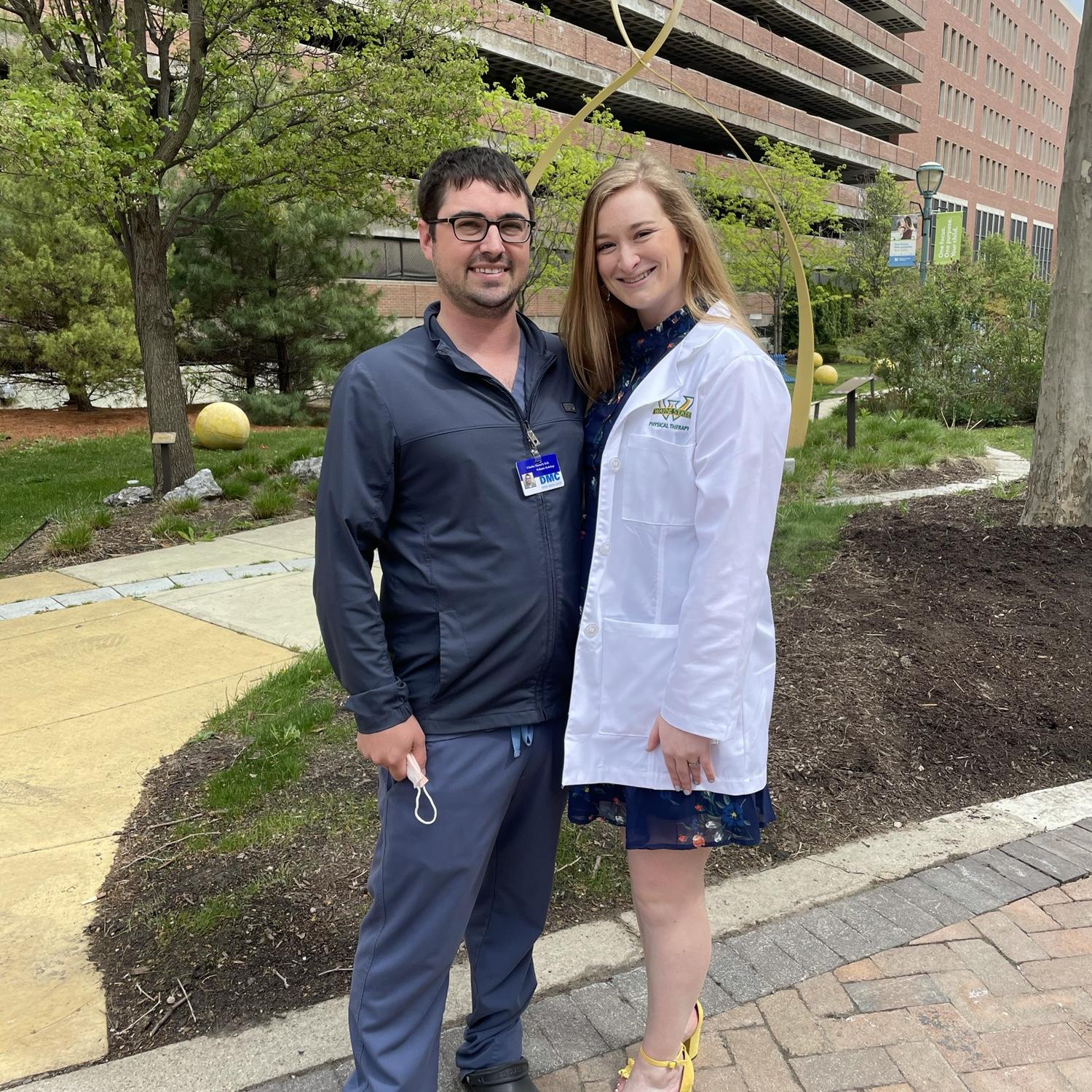 Receiving my White Coat for PT school and Charlie was on a residency rotation at DMC Children's; May 2021