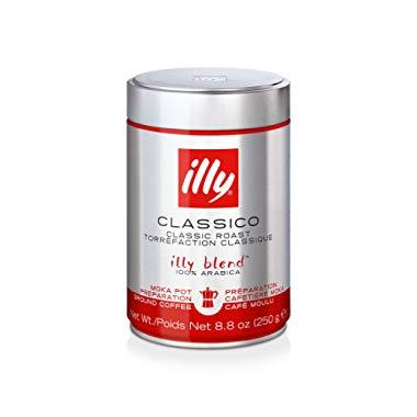 illy Coffee, Moka Ground, Classico Medium Roast, 100% Arabica Bean Signature Italian Blend, Premium Gourmet Roasted Coffee, Pressurized Fresh 8.8 Ounce Tin, Stovetop Moka Pot Preparations