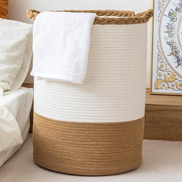 Homlikelan 58L Woven Laundry Basket,Tall Wicker Laundry Basket for Blankets,Clothes,Pillows,Toys,Shoes Large Cotton Laundry Hamper for Bedroom Living Room Bathroom Nursery White Brown