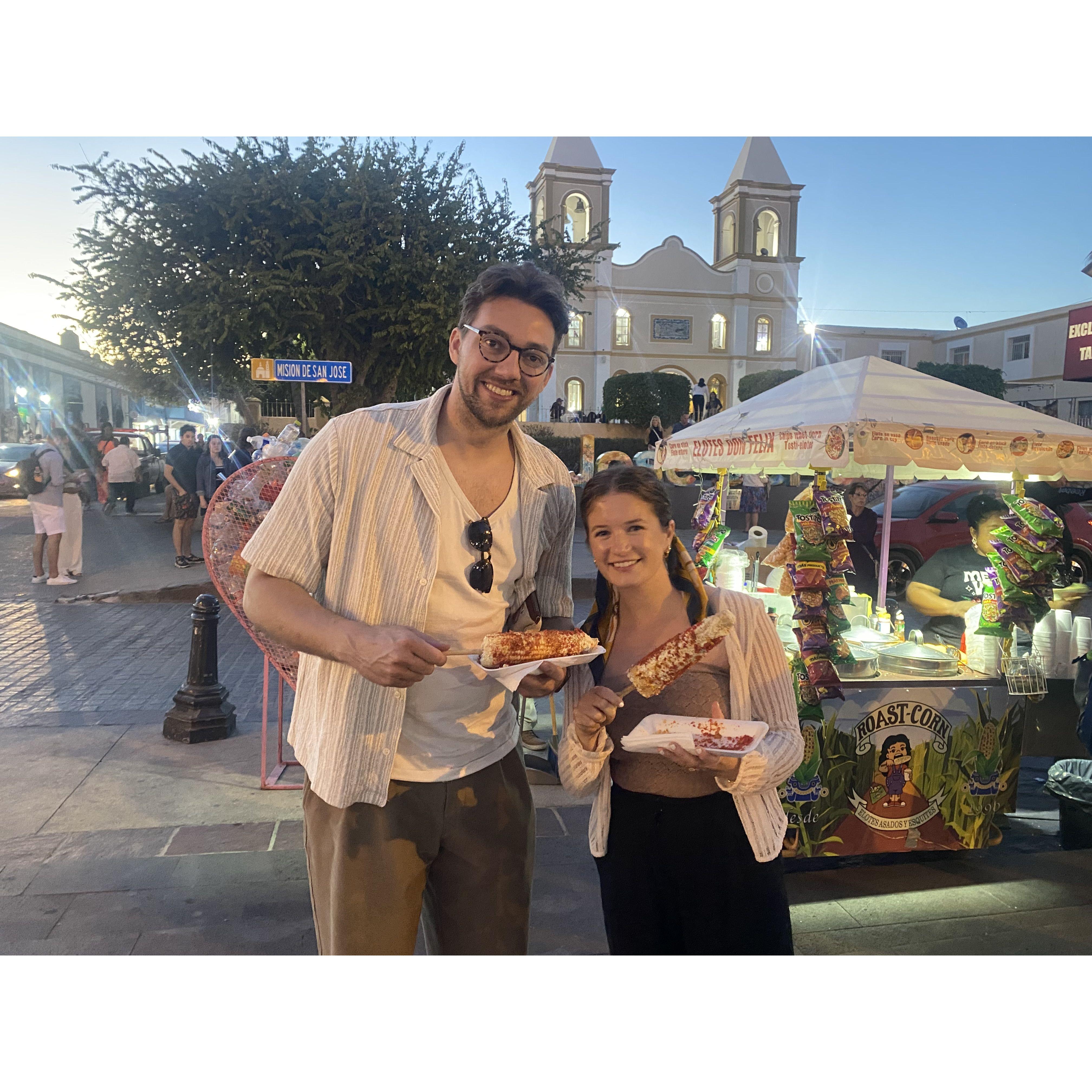 Brian and Cayleigh enjoy elote in Cabo!