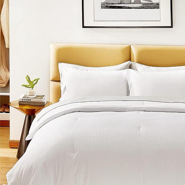 Bedsure Striped Comforter Set Twin Size Bed White - Bedding Comforter Sets Twin Bed Set, Twin Size Comforter Sets 2 Piece, 1 Comforter and 1 Pillow Sham