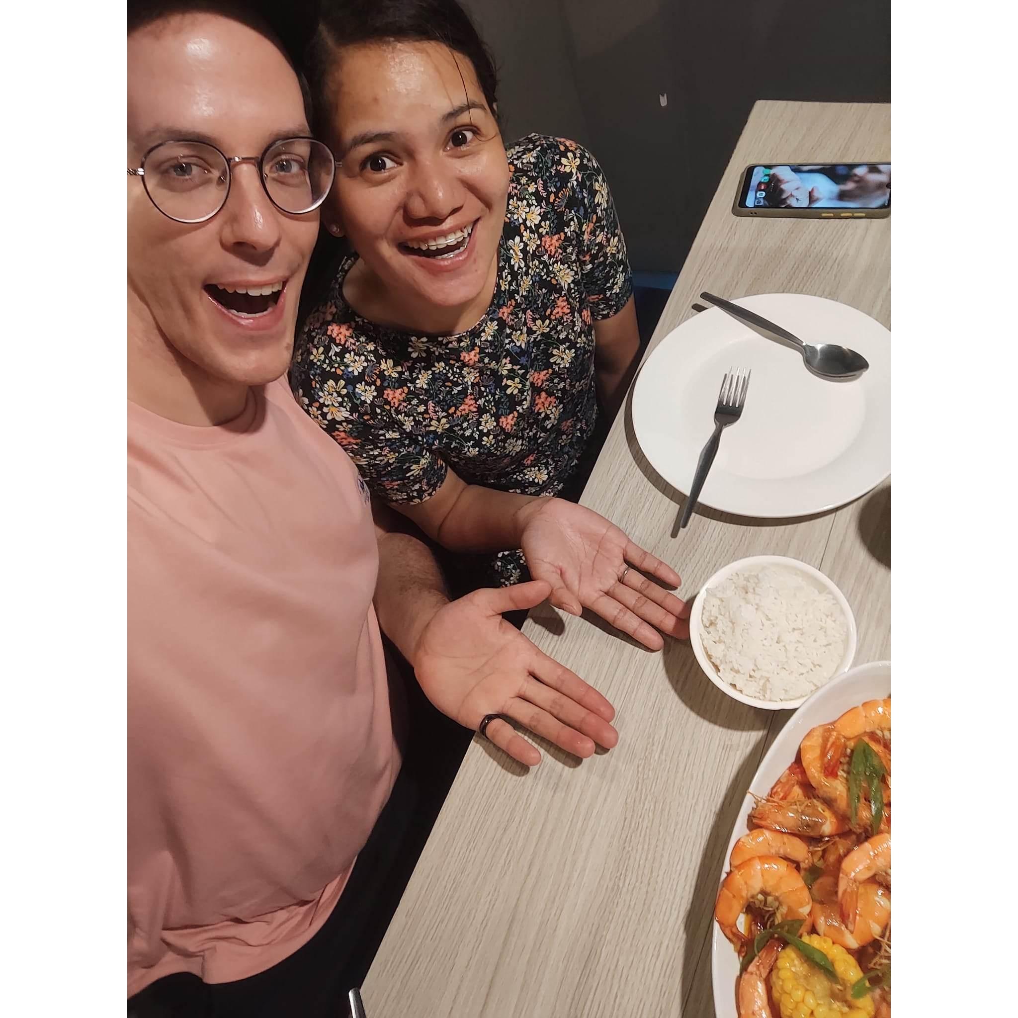 Here we are excited to eat my fiancée's favorite food, rice and shriiiiiimp!