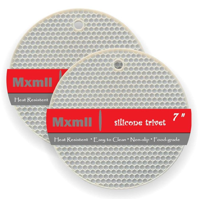 Mxmll 7 Inch Premium Heat Resistant Silicone Trivets Fot Hot Dishes Protect Table Counter Top From Hot Pots And Pans With This Stylish Honeycomb Hotpad Food Grade BPA Free - White 2 pk