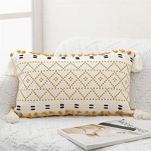 SEEKSEE Boho Throw Pillow Covers, 12 x 20 Inch Natural Cotton Hand-Woven Tufted Tassel Decorative Lumbar Pillowcase for Sofa Bed Bedroom Living Room Farmhouse