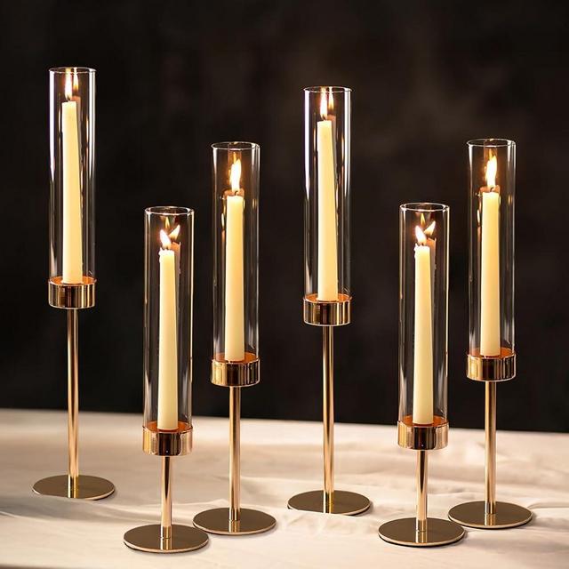 NUPTIO Hurricane Candle Holder for Candlestick: 6 Pcs Gold Taper Candlestick Holders - Tall Modern Candles Stick Decor with Cylinder Shape Cover for Dinner Table Centerpiece
