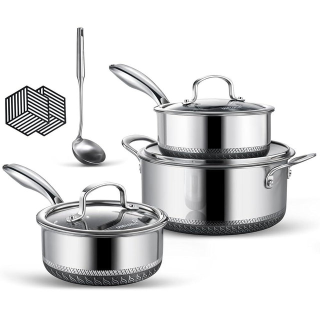 Useluck 9Pcs Hybrid non stick Pots Set, 1.5, 2, and 5.2-Quart Pots with Lids,Dishwasher and Oven Safe, Stay-Cool Handles, Compatible with All Cooktops