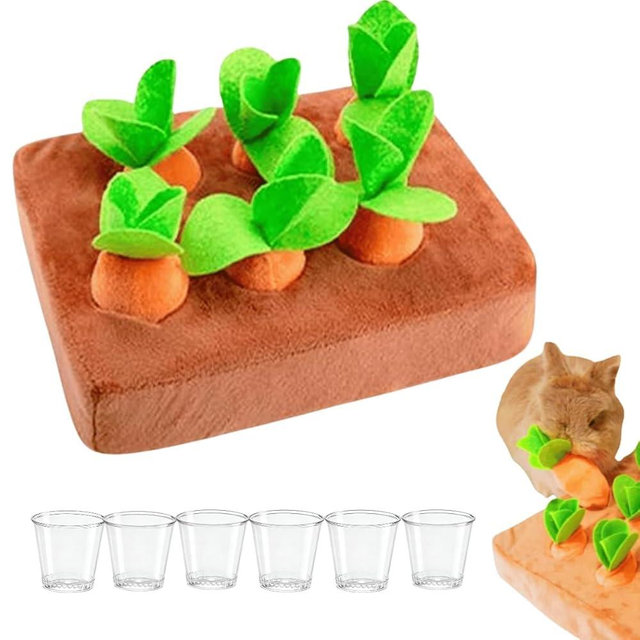 Upgraded Interactive Rabbit Enrichment Toys, Hide and Seek Snuffle Mat with Plush Carrot and Feeder Cups for Boredom & Stimulating, Bunny Puzzle for Puppies, Guinea Pigs, Kitten, Chinchilla (Small)