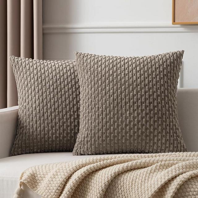 Kevin Textile Pack of 2 Corduroy Decorative Throw Pillow Covers 18x18 Inch Soft Boho Striped Pillow Covers Modern Farmhouse Home Decor for Spring Sofa Living Room Couch Bed Light Brown