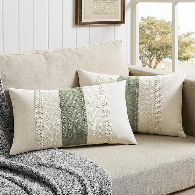 ZeeMart 2 Packs Cotton Boho Lumbar Throw Pillow Covers 12x20 Inch Contrast Green, Soft Farmhouse Decorative Couch Pillow Cases Sage Green Cushion Covers for Sofa Bed Living Room Home Decor