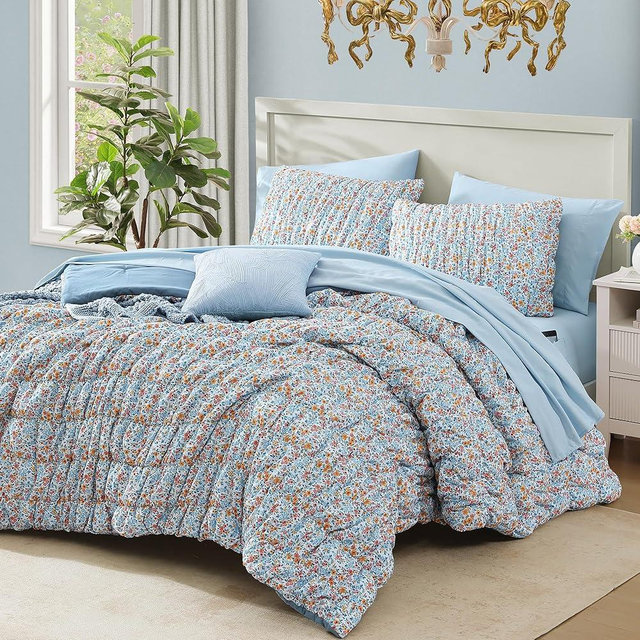 BLOOMHAVEN Queen Comforter Set - 7 Pieces Blue Classic Puff Floral Bedding Sets for All Seasons, Shabby Chic Farmhouse Bed in a Bag Queen with Wildflowers Fluffy Comforter, Sheets, Pillowcases & Shams