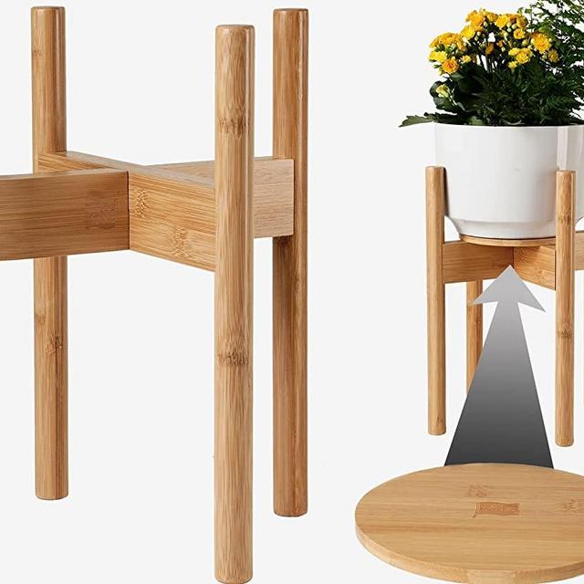 Bamboo Wood Plant Stand Indoor with Planter Pot Tray - Adjustable, Fits 8, 9, 10, 11 and 12 Inch Pots - Floor, Corner Flower Vase Holder
