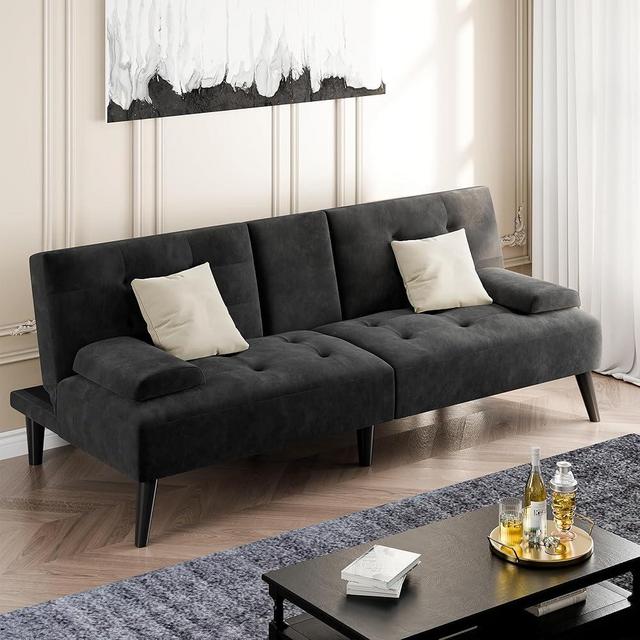 Shintenchi Futon Sofa Bed, Velvet Foldable Couch, Reclining Sleeper with Removable Armrests, Upholstered Loveseat Sofa Couch with Folding Cup Holders for Home, Office(Black)