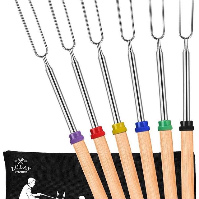 Zulay Kitchen 6 Pack Smores Sticks for Fire Pit - Long Marshmallow Roasting Sticks Smores Kit - Perfect Smore Skewers & Hot Dog Forks For Campfires, Camping Essentials S'mores Gear (Extendable Sticks)