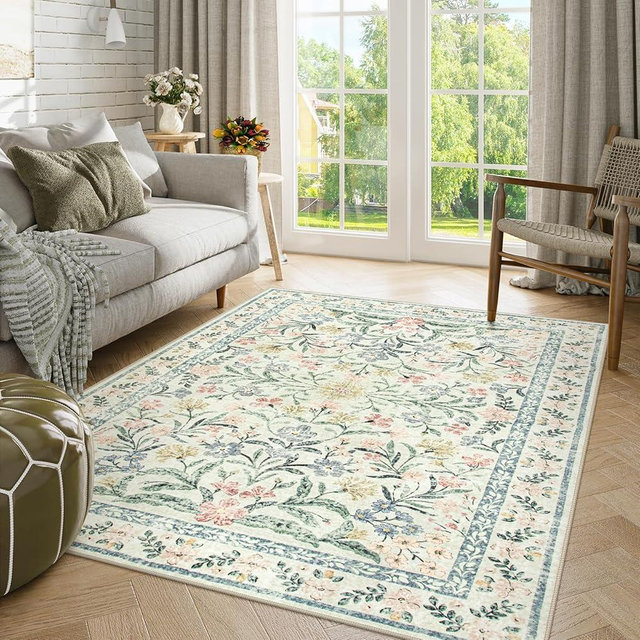 Morebes 5x7 Boho Rugs for Living Room, Washable Area Rugs Non-Slip, Soft Vintage Floral Bedroom Rug Throw Carpet for Home Office Girls Décor Rv Foyer Entryway Bathroom, Beige/Multi
