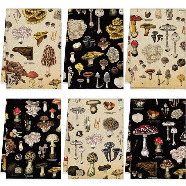 Redbaker 6 Pcs Mushroom Kitchen Towel Set Vintage Black Mushroom Dish Towel Poster Style Hand Towels Colorful Rustic Style of Mushroom Tea Towels for Cooking Baking Housewarming Gift