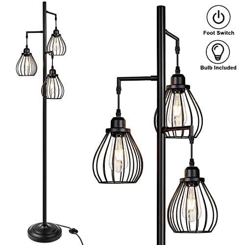 Industrial Floor Lamp for Living Room, Standing Tree Lamp with 3 Elegant Teardrop Cage Head& ST58 Edison LED Bulbs, Sturdy Base Tall Vintage Pole Light Great for Farmhouse Rustic Home Bedroom Decor