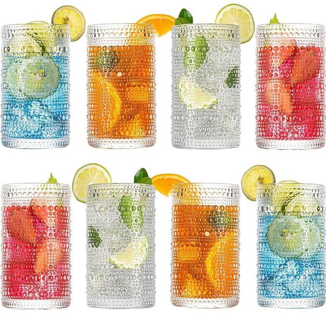 wookgreat Drinking Glasses, 8 pcs Embossed Designed Glass Cups, 15oz Highball Glasses, Tall Water Glass Tumbler, Mojito Cups, Cocktail Glass, Vintage Glassware Set for Water, Juice, Cocktail, Whiskey