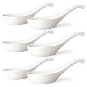 7" Deep Oval Soup Spoons-White Asian Soup Spoons Set of 6, Ceramic Chinese Soup Spoons 7 Inch