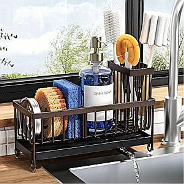 Cisily Brown Sponge Holder for Kitchen Sink, Sink Caddy Organizer with High Brush Holder, Kitchen Countertop Organizers and Storage Essentials, Rustproof 304 Stainless Steel, Soap Dispenser Organize