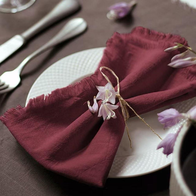 Ayuzawa Handmade Cloth Napkins 100% Cotton Napkins with Fringe，Delicate Handmade Cloth Napkins for Dinners, Parties, Weddings and More，18 x 18 Inch Set of 12 - Burgundy