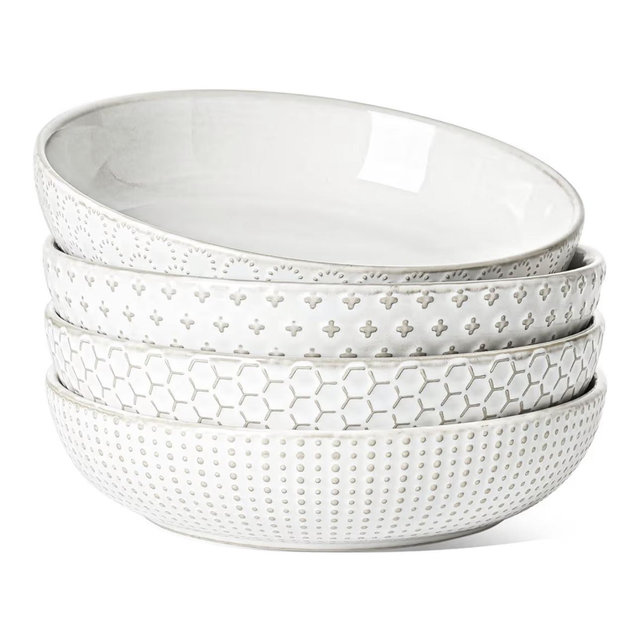 LE TAUCI Pasta Bowl 36 oz, Salad Bowl Serving Plate Bowls, Housewarming Wedding Present, Ceramic Embossment Bowl for Pasta, Fruits, Salad, Noodle, Dinner - 8 Inch, Set of 4, Arctic White