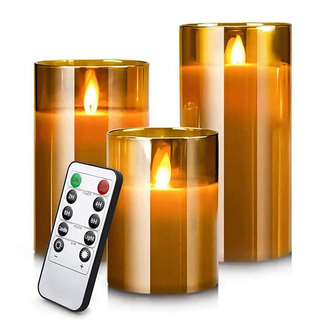 Led Flameless Candles, Battery Operated Real Pillar Wax Flickering Moving Wick Effect Glod Glass Candle Set with Remote Control Cycling Timer, 4 inch, 5 inch, 6 inch, Pack of 3