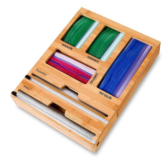 Bamboo Roll Organizer Holder,Foil and Plastic Wrap Dispenser with Slide Cutter & Labels, 6 in 1 Aluminum Foil Organization and Storage,Bag Storage Organizer for Kitchen Drawer