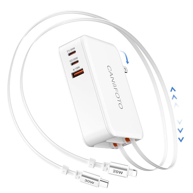 5-in-1 Retractable Wall Charger with Dual Cables, 50W Retractable Phone Charger with 3.3FT USB C & Lightening Cables,30W Fast Charging Block Wall Plug for iPhone 17 16 15 14 13,G-alaxy S26 S25,i Pad