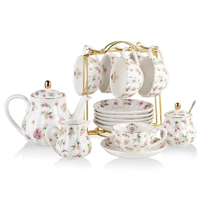 Porcelain Tea Sets British Royal Series, 8 OZ Cups & Saucer Service for 6, with Teapot Sugar Bowl Cream Pitcher Teaspoons and Tea Strainer, Suitable for High Tea, Wedding, Party（Spring Flowers）