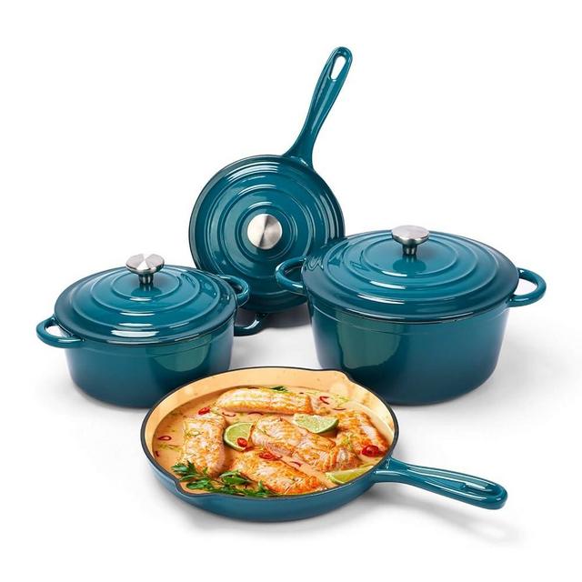Hisencn Enameled Cast Iron Cookware Set, 7 Piece Set of Dutch Ovens, Sauce Pan, Skillet, 3 Lids, Dutch Oven Set, Ceramic Coated Cast Iron, Gas/Induction Compatible, PFA Free, Come with Organizer, Teal