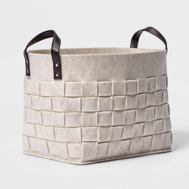 Large Woven Felt Rectangular Basket with Faux Leather Handles White - Threshold™