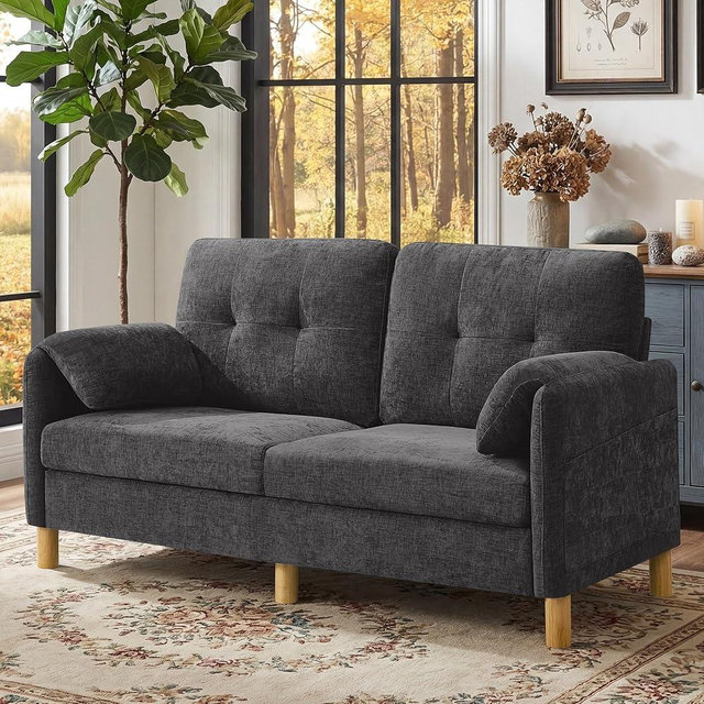 CACFTII 65" Chenille Loveseat Sofa, Modern 2 Seater Couch with Armrests, Tufted Upholstered Comfy Sofa with Storage Pockets & Solid Wooden Legs for Living Room, Bedroom, Home Office, Dark Grey