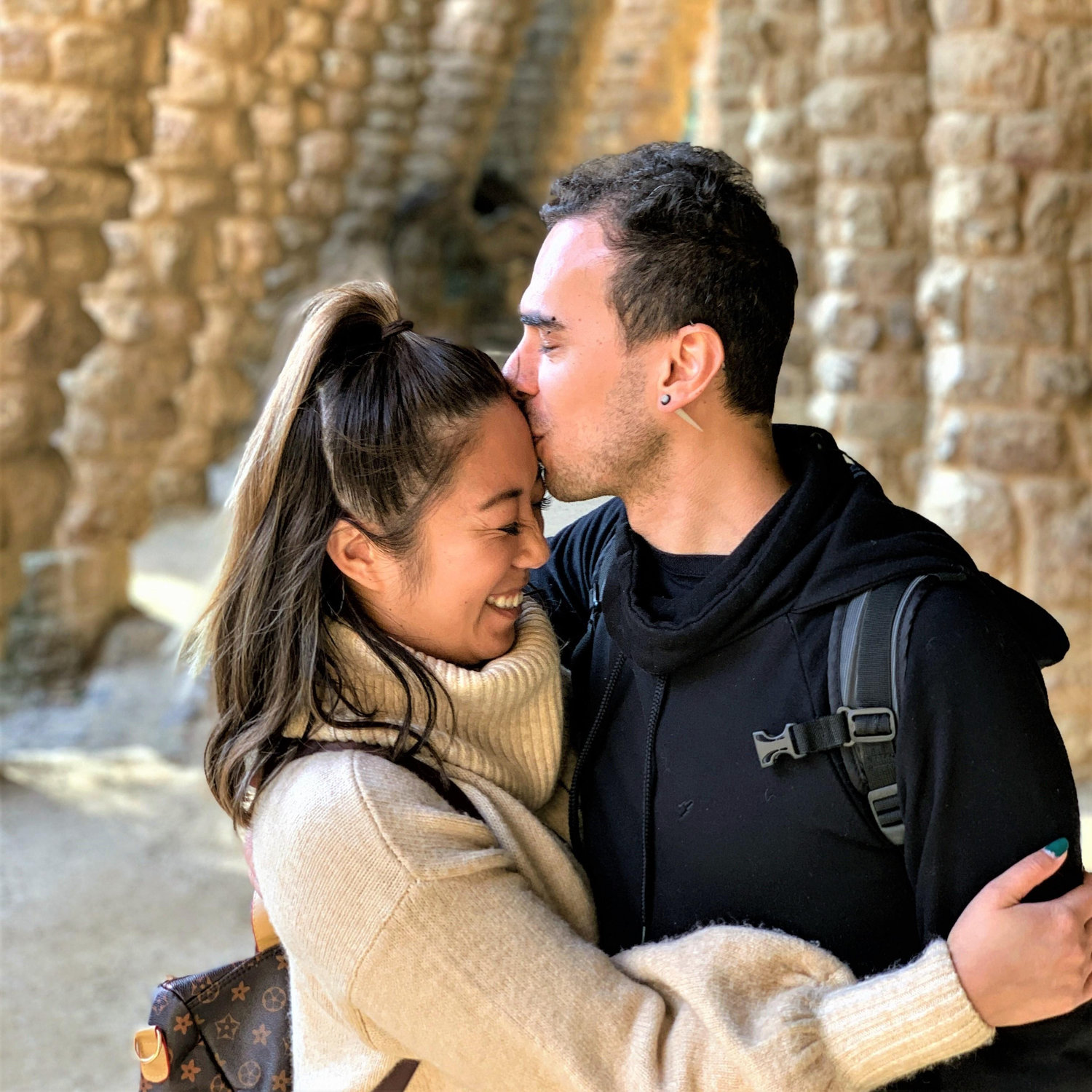 Sharing a moment at the beautiful Park GĂŒell in Barcelona, Spain.
