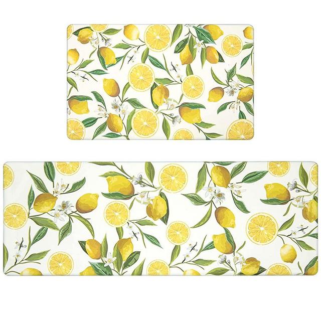 SHACOS Lemon Kitchen Rugs Set 2 Pieces Anti Fatigue Waterproof Stain Resistant Floor Rug Runner Non Slip Wipe Clean Cushioned Floor Mat, 17"x27.5"+17"x47",White