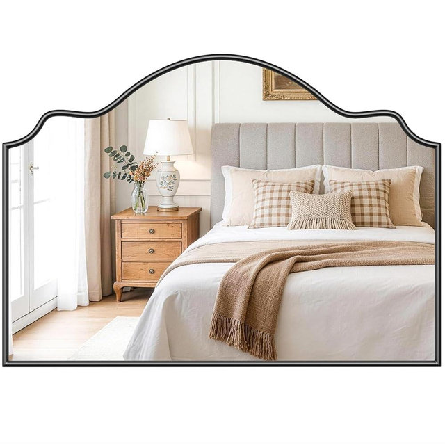 Rigidemand Scalloped Mirror, 36" x 26" Black Arched Fireplace Mirror with Rubberwood Frame, Decorative Black Wall Mirrors for Mantel, Bedroom, Bathroom, Vanity