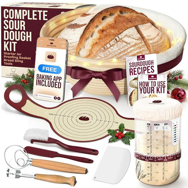 Superbaking Sourdough Starter Kit, 9" Splinter-Free Banneton Bread Proofing Basket Set with Non-Stick Silicone Dough Sling & Glass Starter Jar Kit, Sourdough Bread Baking Supplies, Sourdough Tools