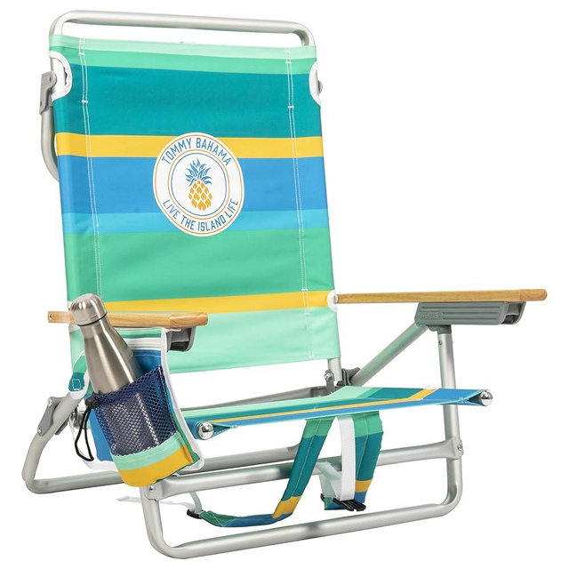 Tommy Bahama 5-Position Classic Lay Flat Backpack Beach Chair with Cooler and Cup Holder, Portable Folding Beach Chair for Tanning, Pineapple Stripe