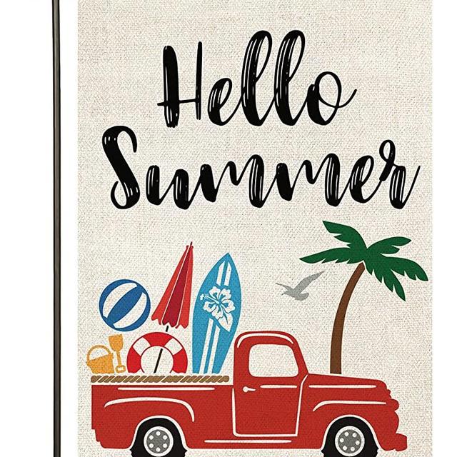 Atenia Hello Summer Truck Burlap Garden Flag, Double Sided Garden Outdoor Yard Flags for Summer Decor (Garden Size - 12.5X18)