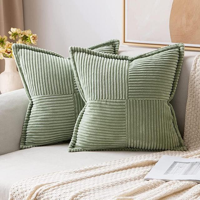MIULEE Corduroy Pillow Covers with Splicing Set of 2 Super Soft Boho Striped Pillow Covers Broadside Decorative Textured Throw Pillows for Couch Cushion Bed Livingroom 18 x 18 inch, Bean Green