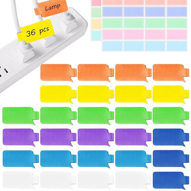 36-Pack Large Cable Labels with 40 Write-On Stickers, Reusable 8-Color Wire Tags for Electronics, Cord ID & Cable Management for Home Office, PC Network - Rectangle